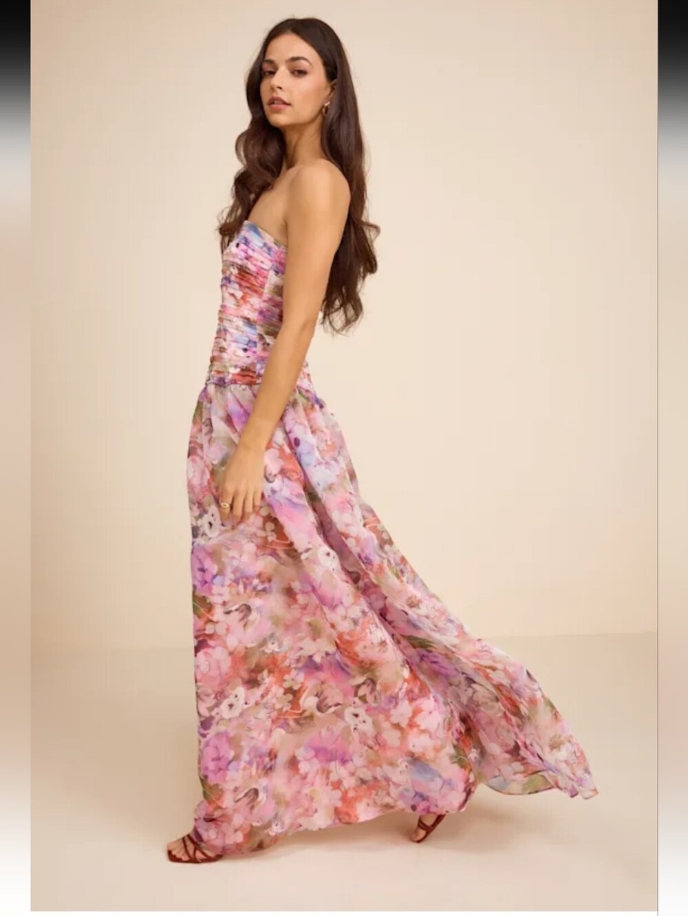 Lulus Kasandra pink multi Floral organza Strapless Maxi Dress Size XS New #3G